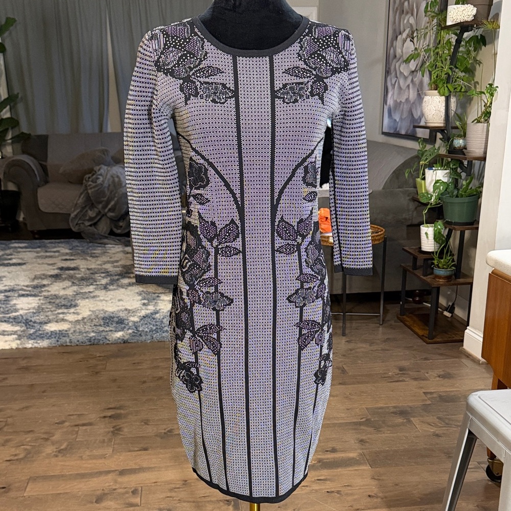 Philosophy Black and Gray Patterned Long Sleeve Dress